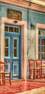 Charming rustic cafe exterior with blue doors and wooden chairs.