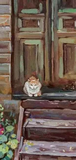 Painted rustic scene with cat on wooden porch.