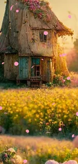 Charming rustic cottage surrounded by blooming flowers in a peaceful meadow.