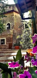 Quaint rustic courtyard with flowers and stone buildings.