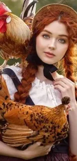 Young woman with red hair and chickens in a lush green countryside setting.