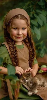 Young girl with kitten in a rustic setting