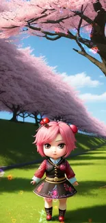 Cute animated doll under cherry trees.