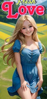 Smiling girl in blue dress in a scenic nature setting, titled 'Fresh Love'. Dominant green.