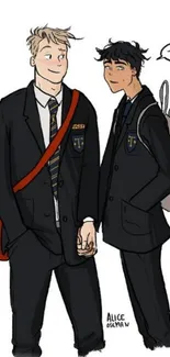 Cartoon sketch of two schoolboys holding hands in uniform.