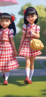 Charming animated schoolgirls in red checkered uniforms walking outdoors under pink umbrellas.