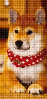 A Shiba Inu with red bandana on tranquil background.