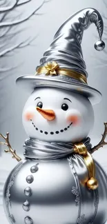 Glossy snowman with silver hat in winter scene.