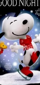 Snoopy skating with snowflakes on a Good Night wallpaper.