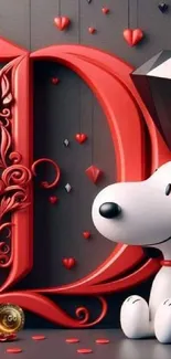 Snoopy in red-themed mobile wallpaper with elegant accents.