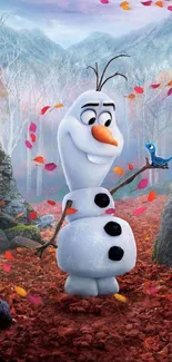 Friendly snowman with autumn leaves and bluebird in vibrant forest setting.