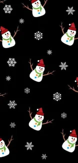 Snowman and snowflake wallpaper on black background for holiday spirit.