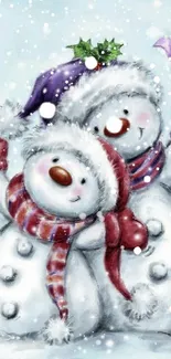 Cute snowmen with a gift in a snowy scene, perfect for holiday decor.