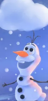 Cheerful snowman with cloud in a snowy blue background.