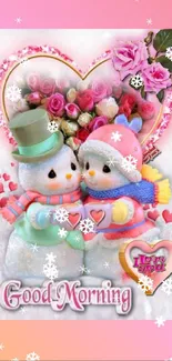 Snowman couple with roses saying Good Morning.