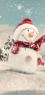 Cheerful snowman in a snowy landscape with falling snowflakes.