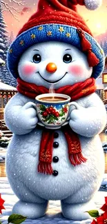 Cute snowman wearing a red hat, holding a cup, with snowy cottages in the background.