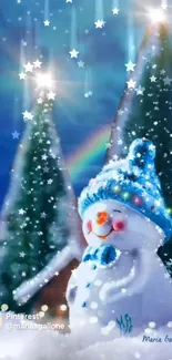 Charming snowman amid sparkling snowflakes and vibrant winter scenery.