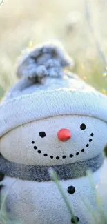 Cute snowman in a winter setting, wearing a hat and scarf.