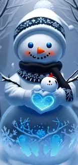 Charming snowman holding a glowing heart in a blue winter forest.