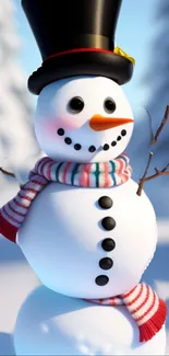 Snowman with top hat and scarf in a winter scene.