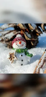 Snowman with pinecone and snow background, perfect winter wallpaper.