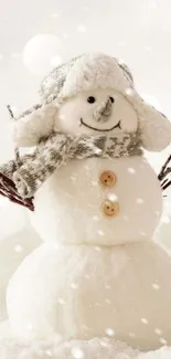 Charming snowman with scarf in snowy winter scene.