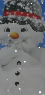 Charming snowman with hat and snowflakes falling.