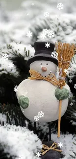 Charming snowman with broom in snowy landscape.