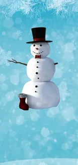 Charming snowman on a sky blue winter background with snowflakes.