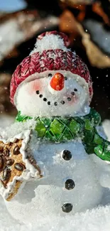 Charming snowman with green scarf in snow.