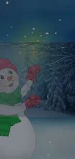 Cozy snowman under twinkling lights in dark winter scenery.