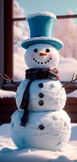 Charming snowman with top hat and scarf in snowy winter scene.