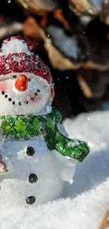 Cute snowman with red hat and green scarf in snow.