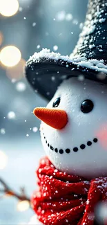 Whimsical snowman with red scarf and hat in snowy background.