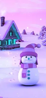 Snowman in a winter landscape with a cozy cabin and pink background.