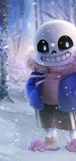 Cartoon character in blue jacket in a snowy scene.