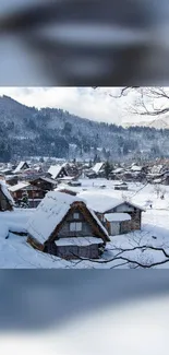 Snow-covered village nestled in snowy mountain landscape, featuring cozy cabins.