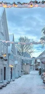 Snowy street with decorative lights and winter atmosphere.