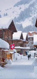 Scenic snowy street in a Swiss village with charming alpine architecture.