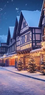 Snowy village scene with Tudor houses and evening lights.