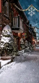 Charming snowy village street with festive lights and snow-covered path.