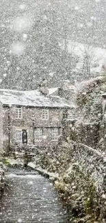 Snow-covered village with a serene winter backdrop.