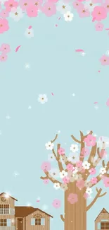 Whimsical cherry blossom background with pastel blue sky.