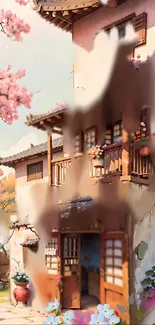 Illustrated house with blooming flowers in springtime.