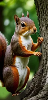 Adorable squirrel perched on a textured tree with a green forest background.