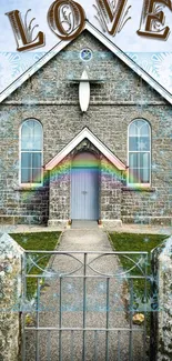 Stone church with rainbow and love sign wallpaper.