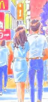 Illustration of a couple walking on a colorful city street filled with signs.