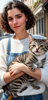 Young woman in street holding a tabby cat.