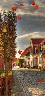 Peaceful cobblestone street with rustic houses in autumn.